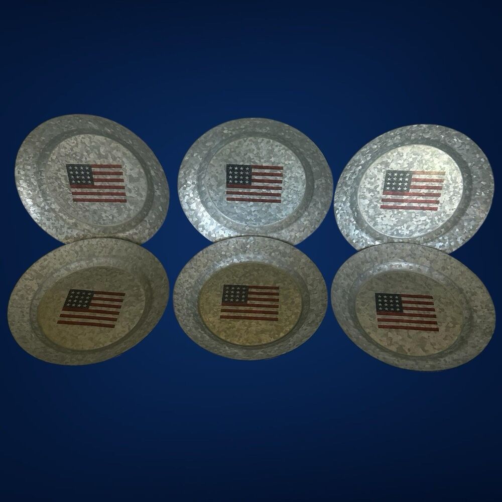 Set Of 6 Pottery Barn Discontinued American Flag Galvanized Metal 9” Plates New - Picture 8 of 10